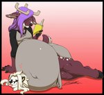 anthro antlers belly big_belly book bottomwear brown_body brown_fur clothing duo ear_piercing ear_ring fur ginormous_belly hair horn huge_belly male markings multicolored_body multicolored_fur navel_outline one_eye_obstructed piercing pregnant pregnant_anthro pregnant_male purple_hair ring_piercing sleeping spots spotted_body spotted_fur tongue tongue_out topwear two_tone_body two_tone_fur white_body white_fur deonwolf deon_(deonwolf) dominique_(louis_lerouxgarou) canid canine canis cervine deer mammal visayan_spotted_deer wolf 2017 digital_media_(artwork)