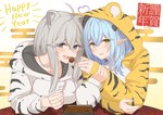 blue_hair clothed clothing duo feeding female food fur grey_body grey_ears grey_eyes grey_fur grey_hair hair holding_object holidays humanoid_pointy_ears looking_at_viewer multicolored_clothing open_mouth pattern_clothing pointy_ears striped_clothing stripes tongue tongue_out yellow_clothing micon chinese_zodiac hololive new_year vtuber year_of_the_tiger shishiro_botan yukihana_lamy animal_humanoid elf felid felid_humanoid humanoid lion_humanoid mammal mammal_humanoid pantherine pantherine_humanoid 2021 absurd_res hi_res