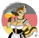 alcohol anthro barmaid beer beverage breasts clothed clothing container cup dirndl eyes_closed female fur german_flag hair pose simple_background smile solo tail text thick_thighs unclescooter canid canine canis domestic_dog german_shepherd herding_dog mammal pastoral_dog 2016 digital_media_(artwork) german_text hi_res pinup translated