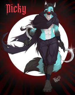 abs anthro athletic big_butt black_body black_clothing black_ears black_fur black_hair blue_body blue_fur butt cheek_tuft cloak clothing cosplay facial_tuft feet fluffy fluffy_ears fluffy_tail front_view fur fuzzy grey_eyes hair heterochromia huge_butt male mohawk muscular muscular_anthro muscular_male muscular_thighs pecs purple_eyes red_nose sickle solo standing tail toned_body toned_male tuft white_body white_fur wide_hips pechensen dreamworks puss_in_boots_(franchise) nicolas_delgado canid canine canis coyote domestic_dog fox german_shepherd herding_dog husky hybrid mammal maned_wolf nordic_sled_dog pastoral_dog spitz absurd_res hi_res