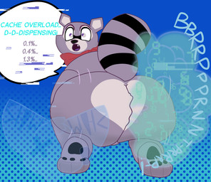 anthro artificial_intelligence big_butt blush blush_lines bouncing_butt butt fart fart_fetish fur huge_butt kerchief male open_mouth purple_eyes simple_background solo speech_bubble tail text tongue twerking wide_hipped_male wide_hips shwungus indigo_park rambley_raccoon digital_creature mammal procyonid raccoon digital_drawing_(artwork) digital_media_(artwork) english_text shaded signature watermark