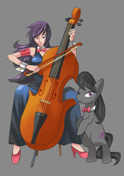 alternate_species armband bow_(feature) bow_(stringed_instrument) bow_tie bowed_string_instrument cello clothing cuff_(restraint) cutie_mark dress duo evening_gown female feral footwear hair high_heels humanized long_hair musical_instrument playing_music purple_eyes purple_hair restraints shirt_collar shoes simple_background sitting square_crossover string_instrument tail toony wrist_cuffs sapphire1010 friendship_is_magic hasbro my_little_pony octavia_(mlp) earth_pony equid equine horse human mammal pony