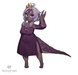 anthro brown_body claws clothed clothing crown female fully_clothed gesture headgear purple_eyes simple_background smile smiling_at_viewer solo tail waving sonofan mythology dragon kobold mythological_creature mythological_scalie scalie absurd_res hi_res