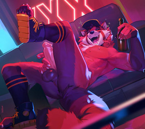 anthro balls bodily_fluids bottle clothing container dripping drunk dutch_angle erection footwear footwear_only furniture genital_fluids genitals hat headgear headwear holding_bottle holding_container holding_object holding_penis humanoid_genitalia humanoid_penis lying male male_anthro mostly_nude mostly_nude_anthro mostly_nude_male muscular muscular_anthro muscular_male neon_sign nipples on_back on_sofa one_eye_closed open_mouth open_smile penis perineum precum precum_drip shoes shoes_only sign smile sofa solo substance_intoxication tail teeth toeless_footwear tongue mystikfox61 daiquiri_(daiquiripanda) ailurid mammal red_panda 2024