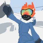 ambiguous_gender anthro clothing covered_eyes eyewear face_mask gesture glasses gloves handwear horn jacket mask mountain orange_body snow solo topwear waving winter trufzn perec kobold lizard reptile scalie