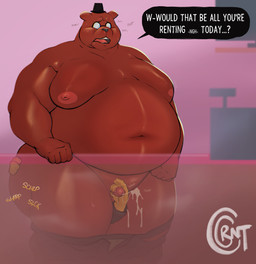 anal anthro belly big_belly big_butt big_moobs big_nipples bodily_fluids bottomless bottomwear bottomwear_down butt butt_grab clothed clothing cum dialogue duo ejaculation eyewear flustered genital_fluids genitals glasses hand_on_butt handjob hat headgear headwear larger_but_small male male/male moobs mostly_nude navel nipples oral orgasm orgasm_face overweight overweight_male pants pants_around_ankles pants_down partially_clothed penile penis rimming sex small_penis speech_bubble standing store sweat text thick_thighs topless underwear_around_ankles cocoronut night_in_the_woods angus_delaney gregg_lee bear canid canine fox mammal absurd_res english_text hi_res