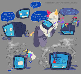 ambiguous_gender blue_screen_of_death blush bodily_fluids cable computer crt dialogue doodle_page duo electronics embarrassed female grey_background group heart_symbol holding_object horn machine male male/female not_furry objectophilia objectum pinned pulling_wires robophilia robot_on_robot shy simple_background speech_bubble steam steamy_breath sweat television text tongue tongue_out white_body wire wire_play drunkydude regretevator roblox the_axolotl_sun prototype_(regretevator) scag_(regretevator) animate_inanimate humanoid robot robot_humanoid 2026 colored_sketch digital_media_(artwork) english_text hi_res sketch sketch_page url