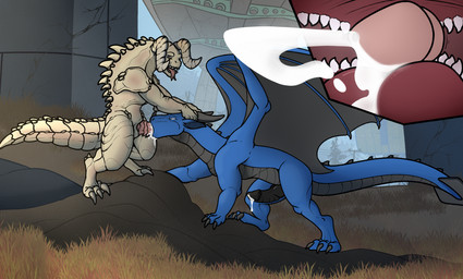 albino amber_eyes animal_genitalia animal_penis bedroom_eyes blue_body blue_eyes blue_scales bodily_fluids bridge cum cum_in_mouth cum_inside cum_on_chin cumshot deep_throat detailed_background drinking drinking_cum duo ejaculation erection fellatio feral feral_on_feral feral_penetrated feral_penetrating feral_penetrating_feral genital_fluids genital_slit genitals horn horn_grab internal internal_fellatio internal_oral interspecies larger_penetrated leaking_cum leaking_precum looking_pleasured male male/male male_penetrated male_penetrating male_penetrating_male narrowed_eyes nude oral oral_penetration orgasm outside penetration penile penile_penetration penis penis_in_mouth penis_on_tongue precum reverse_mouth_shot ridged_penis rock scales seductive sex size_difference standing standing_oral sucking tail tongue tongue_out white_body white_scales wings seferen european_mythology fallout microsoft mythology johnitan_lambert syrazor deathclaw dragon mythological_creature mythological_scalie reptile scalie western_dragon hi_res