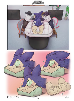 bed blush blush_lines clothed clothing cucumber curling_toes feet fluffy fluffy_ears fluffy_tail food fruit furniture group inside lying lying_on_bed massage massage_table on_bed on_front pillow plant standing tail text towel towel_around_waist towel_only trio bagu conditional_dnp nintendo pokemon charlie_(bagu) cye_(bagu) ven_(bagu) badger generation_2_pokemon generation_7_pokemon lizard mammal mustelid musteline pokemon_(species) reptile salandit scalie typhlosion absurd_res comic hi_res url