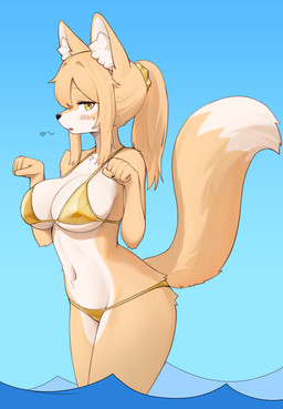 anthro big_breasts bikini blue_background blush bodily_fluids breasts clothing female female_anthro fluffy_ears hair hair_between_eyes heart_symbol kemono long_hair looking_at_viewer multicolored_body navel nipple_outline one_eye_visible panties partially_open_mouth paw_pose ponytail pose raised_tail simple_background solo standing string_bikini sweat swimwear tail thick_thighs two-piece_swimsuit two_tone_body underwear yellow_eyes jeifier golden_week rebekah canid canine fox mammal hi_res