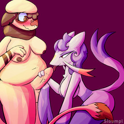 anthro blush bodily_fluids breasts brown_eyes duo female fur genitals gynomorph gynomorph/female holding_penis intersex intersex/female licking licking_tip oral overweight penis plantigrade purple_body purple_fur red_eyes sweat sweatdrop tail tongue white_body white_fur yellow_body yellow_fur sloumpl nintendo pokemon gloss_(sloumpl) plum_(sloumpl) generation_2_pokemon generation_5_pokemon mienshao pokemon_(species) smeargle 1:1 hi_res trans_(lore) trans_woman_(lore)