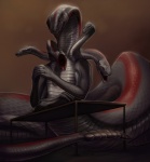 5_heads ambiguous_gender ancillary_head anthro apode furniture grey_body grey_skin legless looking_at_viewer multi_head red_body red_eyes red_skin serpentine solo table tongue waiting biological draconcopode naga reptile scalie snake 2014 shaded