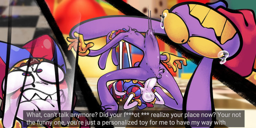4_fingers abdominal_bulge angry anthro anus asphyxiation ball_size_difference balls big_balls big_penis bite biting_lip biting_own_lip bodily_fluids butt chest_tuft choking dialogue dominant dominant_gynomorph dominant_intersex duo fingers foreskin furrowed_eyebrows genital_fluids genitals gynomorph homophobic_slur huge_balls huge_penis hyper hyper_balls hyper_genitalia hyper_penis image_bubble intersex intersex/male larger_male larger_sub male penis penis_size_difference precum questionable_consent self_bite sharp_teeth size_difference slur small_balls small_penis small_waist smaller_gynomorph smaller_intersex strangling submissive submissive_male tears teeth text tuft eviltqf glitch_productions the_amazing_digital_circus jax_(tadc) pomni_(tadc) humanoid lagomorph leporid mammal rabbit english_text hi_res