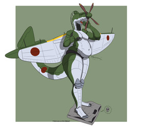 2023 absurd_res aircraft anthro belly big_belly broken_scale chubby_female clothing colored dark_nipples deep_navel female green_body hi_res japanese living_aircraft living_machine living_vehicle machine navel nipples open_mouth overweight overweight_female panties panzerschreckleopard rumbling_stomach skull_symbol solo underwear vehicle weighing_scale white_body wide_hips world_war_2 yawn