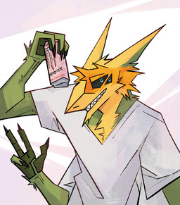 anthro ears_back gesture hand_gesture looking_at_viewer male multi_arm multi_eye multi_limb multicolored_body pivoted_ears smile smiling_at_viewer solo teeth teeth_showing v_sign sleepymuzzle monster_energy gemini_the_sergal absurd_res hi_res