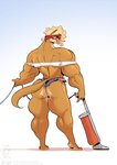 anthro back_muscles blonde_hair bottomwear brown_body brown_fur butt canid canine cleaning_tool clothed clothing conditional_dnp cutoffs daisy_dukes denim denim_bottomwear denim_clothing female fur green_eyes hair headkerchief hotpants jollyjack kerchief looking_at_viewer looking_back mammal muscular muscular_anthro muscular_arms muscular_female muscular_thighs mythological_canine mythological_creature mythology off_shoulder rear_view shorts skimpy small_head solo tan_body tan_fur vacuum_cleaner were werecanid werecanine werewolf
