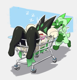 ambiguous_gender anthro black_eyes breasts cart duo eyes_closed female fur green_body green_fur mask open_mouth pie_cut_eyes shopping_cart simple_background sleeping sound_effects tail tuft vowelless vowelless_sound_effect zzz klydewitakay nintendo pokemon felid feline felis floragato generation_9_pokemon mammal meowscarada pokemon_(species) absurd_res digital_media_(artwork) hi_res
