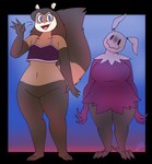 anthro big_breasts bottomless breast_size_difference breasts claws clothed clothing featureless_crotch female flat_chested gesture happy head_tilt simple_background standing topwear waving waving_at_viewer wide_hips potoobrigham abigail_(potoobrigham) kori_(potoobrigham) living_scarecrow mammal mustelid musteline true_musteline weasel 2023 absurd_res alpha_channel hi_res