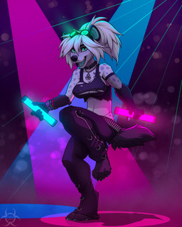 anthro armwear belt bottomwear clothing collar eyewear eyewear_on_head female fishnet_armwear fishnet_clothing glasses glasses_on_head hair neon pants paws solo tail topwear toungle white_body white_hair tashalisets tasha_lisets hyena mammal 4:5 hi_res