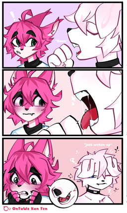 anthro bite biting_lip black_collar blue_eyes blush bodily_fluids border clothing collar confusion dripping duo ears_up embarrased_horny embarrassed exclamation_point fantasizing fur glistening glistening_eyes green_eyes groggy just_woke_up male male/male mouth_shot open_mouth pink_body pink_fur question_mark saliva saliva_drip saliva_string sparkles tongue tongue_out turned_on white_body white_border white_fur yawn kunfen jin_white_dog canid canine canis domestic_dog fox mammal hi_res