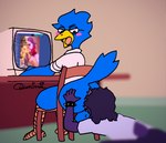 advertisement anal animal_genitalia anthro balls beak big_butt bird_legs black_hair blonde_hair blue_body blue_feathers blue_tail blurred_background blush bottomless butt chair christmas_clothing christmas_tree clothed clothing desk duo eyewear feathered_tail feathers furniture genitals glasses hair holidays inside looking_at_viewer male male/male oral plant purple_body purple_hair purple_scales purple_tail rimming scales screen sex sheath shirt shirt_only short_tail table tail topwear topwear_only tree website white_clothing white_shirt white_topwear wrist_accessory yellow_beak queen_susie christmas deltarune e621 european_mythology mythology undertale_(series) berdly lexington_ulfric_izunia noelle_holiday susie_(deltarune) avian bird deer dinosaur dragon mammal mythological_creature mythological_scalie prehistoric_species reptile scalie western_dragon wyvern e621_post_recursion hi_res