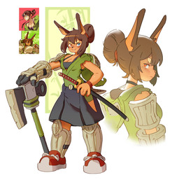 anthro armor asian_clothing axe bottomwear breasts brown_body brown_fur brown_hair cleavage clothed clothing east_asian_clothing female fingers footwear frown fur hair heterochromia holding_object holding_weapon katana looking_at_viewer looking_back melee_weapon open_mouth shoes simple_background skirt smile solo standing sword topwear weapon white_background zeventhart dog_knight_rpg rory_(ceehaz) canid canine canis dobermann domestic_dog hunting_dog mammal pinscher digital_media_(artwork) hi_res reference_image