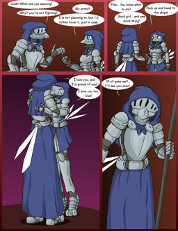 anthro armor battle dialogue female hug male melee_weapon weapon pornwhal dusklight_(pornwhal) avian bird corvid oscine passerine comic hi_res