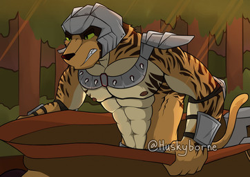 abs anthro armor fur green_eyes headgear helmet male nipples pecs solo striped_body striped_fur stripes huskyborne hot_wheels_battle_force_5 mattel nerd_corps_entertainment captain_kalus felid feline mammal