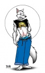 anthro bottomwear clothing denim denim_bottomwear denim_clothing eyewear fur glasses jeans jewelry looking_at_viewer male necklace pants smile solo tail thong thong_straps underwear white_body white_fur chris_goodwin canid canine canis mammal wolf 2000