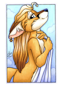 anthro black_body black_fur blonde_hair blue_eyes brown_body brown_fur cloud ear_piercing female fur hair nude piercing sky solo sun towel towel_only white_body white_fur michele_light canid canine fox mammal 2009 low_res signature traditional_media_(artwork)