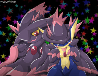 ambiguous_gender anthro clothing costume duo navel star tongue tongue_out type nintendo pokemon amphibian generation_4_pokemon generation_6_pokemon greninja humanoid mismagius pokemon_(species) 2015 3d_(artwork) digital_media_(artwork) hi_res signature