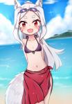 beach bikini black_bikini black_clothing black_swimwear blue_sky blush breasts clothing cloud cute_fangs day fangs female front_view fur grey_body grey_fur grey_hair hair hands_behind_back inner_ear_fluff loli looking_at_viewer midriff navel red_clothing red_eyes red_sarong sand sarong sea seaside sky small_breasts solo standing swimwear teeth tuft two-piece_swimsuit water young young_female young_humanoid jiu_(sdesd3205) sewayaki_kitsune_no_senko-san shiro_(sewayaki_kitsune_no_senko-san) animal_humanoid canid canid_humanoid canine canine_humanoid fox_humanoid humanoid mammal mammal_humanoid hi_res portrait three-quarter_portrait