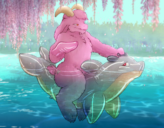 anthro blurred_background blurred_foreground bokeh chest_tuft duo flipper_hands flippers flower forest forest_background fur grey_body grey_fur grey_horn head_tuft horn inanimate_transformation inflatable lake latex looking_down looking_up male multicolored_body multicolored_fur nature nature_background nozzle nozzle_(valve) nozzle_on_hip orange_eyes petals pink_body pink_fur plant pool_float pool_toy pooltoy_transformation red_eyes reflection riding shimmering splashing_water struggling tan_body tan_fur transformation tree tuft wet wet_body wet_fur white_horn wisteria_(flower) goat_boy9 mot animate_inanimate boss_monster_(undertale) bovid caprine goat living_inflatable living_pool_toy mammal absurd_res hi_res story story_in_description