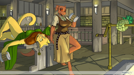 alcohol anthro beverage breast_size_difference breasts candle clothed clothing drunk duo female fire food fruit fur jewelry lying necklace nipple_outline on_back pineapple pink_nose plant red_body red_scales red_sclera scales substance_intoxication yellow_body yellow_eyes yellow_fur yawg bethesda_game_studios microsoft oblivion prequel_adventure the_elder_scrolls katia_managan quill-weave argonian felid khajiit mammal scalie 16:9 widescreen