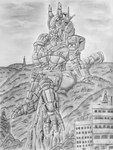 anthro big_breasts breasts earth_garon female machine metallic_body mountain solo ultraman_blazar overlord_gabriel ultraman_(series) robot absurd_res graphite_(artwork) hi_res monochrome traditional_media_(artwork)