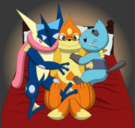 2_tails 2_toes 3_toes arm_around_shoulders bed eyewear feet furniture glasses hug male multi_tail pillow rectangular_glasses scarf shell simple_background tail toes reggie_rakun nintendo pokemon dewott floatzel generation_4_pokemon generation_5_pokemon generation_6_pokemon greninja pokemon_(species) 2023 absurd_res cel_shading hi_res shaded simple_shading