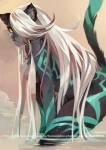 anthro breasts chest_tuft female fur hair kemono long_hair looking_at_viewer markings nude simple_background solo tuft white_hair yellow_sclera akamotooogushi sdorica fatima_eaglefeather felid mammal pantherine hi_res watermark