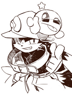anthro belt bottomwear clothing collar duo gesture gloves grin hand_gesture handwear hat headgear headwear long_ears male pants pointing simple_background smile star tongue tongue_out kuronezumiinu bandai_namco klonoa_(series) huepow klonoa domestic_cat felid feline felis mammal sphere_creature spirit monochrome
