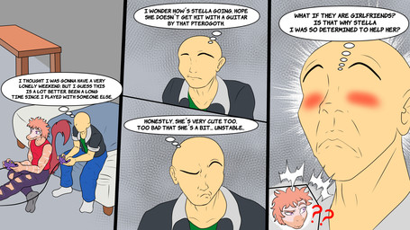 anthro athletic athletic_anthro athletic_male bald bed biped blue_bottomwear blue_clothing blue_pants blush bottomwear close-up clothed clothed_human clothed_male clothing confusion controller cutaway duo frown furniture game_controller gamecube_controller gaming green_clothing green_shirt green_topwear grey_clothing grey_jacket grey_topwear hair inside jacket looking_aside male markings nintendo_controller open_clothing open_jacket open_topwear pants pink_body pink_hair playing_video_game purple_bottomwear purple_clothing purple_eyes purple_pants question_mark red_clothing red_shirt red_tank_top red_topwear shirt short_hair sitting smile striped_markings stripes table tank_top text thinking thought_bubble topwear torn_bottomwear torn_clothing torn_pants fuegosonic93 cavemanon_studios gamecube goodbye_volcano_high ko_op_(game_developer) nintendo snoot_game anon_(snoot_game) reed_(gvh) dinosaur dromaeosaurid human mammal prehistoric_species reptile saurischian scalie theropod velociraptor colored comic english_text hi_res