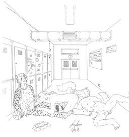 anal anthro balls erection fellatio genitals group group_sex humanoid_genitalia humanoid_penis interspecies male male/male male_penetrated male_penetrating male_penetrating_male oral penetration penile penis rimming school sex threesome trio icelyon canid canine mammal 2002 hi_res monochrome