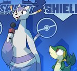 2019 3_fingers anthro barty_(potoobrigham) biped blue_background detailed_background dipstick_tail duo electronics english_text female fingers fur generation_5_pokemon green_body green_skin green_tail green_tail_tip hi_res holding_object jo_(potoobrigham) looking_at_another looking_up male markings meme microphone mienshao nintendo open_mouth pink_tongue pokemon pokemon_(species) potoobrigham purple_body purple_fur purple_tail_tip red_eyes simple_background size_difference snivy standing tail tail_markings text tongue tyler1 white_body white_fur white_tail