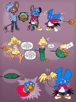 beak bell bell_collar black_nose blue_body blue_eyes bottomwear clothing collar dialogue duo fangs feathers feet fingernails footwear jacket nails orange_beak pants pink_eyes red_collar red_nose scarf sharp_teeth shoes speech_bubble tail tail_wraps talons teeth toes topwear toy transformation wraps yellow_body yellow_feathers trevor-fox final_fantasy pipistrello_and_the_cursed_yoyo square_enix erakir erakir_(character) pippit_pipistrello trevor-fox_(character) avian bat chocobo mammal mouse murid murine rodent comic hi_res