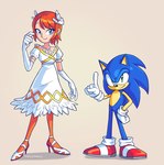 5_fingers blue_body blue_eyes brown_hair clothed clothing dress duo female fingers footwear gloves green_eyes hair handwear high_heels male shoes short_hair siggiedraws sega sonic_the_hedgehog_(series) princess_elise_the_third sonic_the_hedgehog eulipotyphlan hedgehog human mammal hi_res