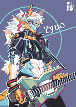 anthro black_clothing black_crop_top black_shirt black_topwear blue_eyes clothed clothed_anthro clothed_male clothing crop_top electric_guitar guitar hair jacket long_hair looking_at_viewer male multicolored_body musical_instrument plucked_string_instrument shirt solo string_instrument teal_body topwear white_body white_hair yellow_body oatmegaplus capcom monster_hunter zyno_(oatmegaplus) canid canine fanged_wyvern mammal zinogre 2025 hi_res