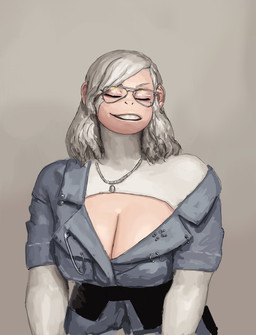 anthro big_breasts breasts cleavage clothed clothing cosplay dress ear_piercing eyes_closed eyewear female fur glasses hair jewelry mature_female necklace off_shoulder open_mouth piercing simple_background solo tan_background white_body white_fur white_hair redustheriotact jamie_lee_curtis lydia_(redustheriotact) haplorhine mammal monkey primate 2025 hi_res