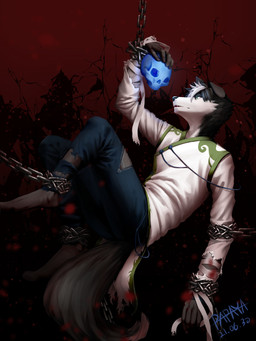 abstract_background anthro arms_tied black_body black_fur black_hair black_nose blue_bottomwear blue_clothing blue_eyes blue_pants bone bottomwear bound chain chained clothed clothing floppy_ears fur glistening glistening_eyes green_clothing green_topwear hair legs_tied male pants skull solo topwear torn_bottomwear torn_clothing torn_pants white_body white_clothing white_fur white_hair white_topwear papayafurry canid canine canis domestic_dog mammal 2021 3:4 dated hi_res signature
