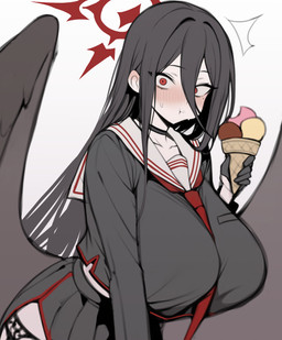 asian_clothing big_breasts black_bottomwear black_choker black_clothing black_gloves black_hair black_handwear black_jewelry black_necklace black_skirt black_wings blush blush_lines bodily_fluids bottomwear breasts choker clothing dessert east_asian_clothing eating eating_food eating_ice_cream emanata feathered_wings feathers female food gloves hair hair_between_eyes halo handwear holding_food holding_ice_cream holding_object huge_breasts ice_cream ice_cream_cone japanese_clothing japanese_school_uniform jewelry long_hair long_sleeves looking_at_viewer mole_under_eye necklace necktie nervous nervous_sweat not_furry red_eyes red_necktie sailor_collar school_uniform serafuku skirt solo surprised sweat sweatdrop uniform wide_hips wings toma_(artist) blue_archive hasumi_(blue_archive) humanoid winged_humanoid digital_drawing_(artwork) digital_media_(artwork) hi_res