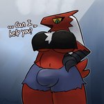 1:1 2022 anthro avian beak blaziken breasts bulge carol_(otterjunk) comic dialogue english_text generation_3_pokemon gynomorph hi_res intersex low-angle_view nintendo nipples otterjunk pokemon pokemon_(species) solo text trans_(lore) trans_woman_(lore) under_boob