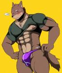 anthro biceps black_nose brown_body brown_fur bulge clothing countershading fur kemono male muscular muscular_anthro muscular_male nipples pecs simple_background solo underwear bearlovestiger13 lagoon_lounge yuujirou_urushi canid canine canis mammal wolf