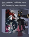 anthro appliance female fridge group humor in_fridge kitchen_appliance male shitpost sleepover text lionbun nintendo pokemon american_opossum anglerfish_humanoid eeveelution generation_2_pokemon lagomorph leporid mammal marsupial pokemon_(species) procyonid rabbit raccoon umbreon 2021 absurd_res english_text hi_res meme